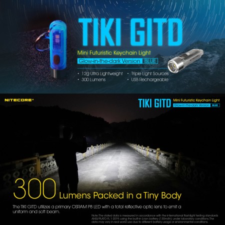 NITECORE TIKI GITD BLUE 300 流明 Keychain Light USB充電輕便鑰匙扣燈 (藍夜光版)